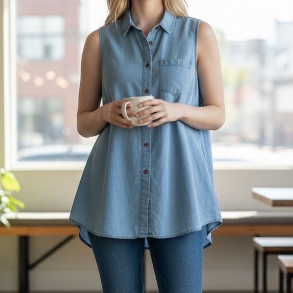 New Directions Weekend Womens Large Blue‎ Sleeveless Denim Button Up Shirt Top
